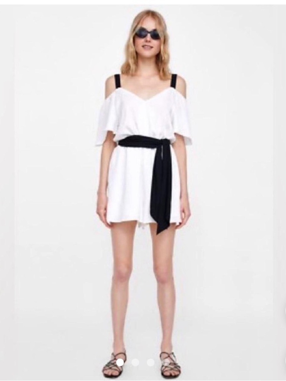 Zara Off-Shoulder Cream Dress with Black Straps and Belt
